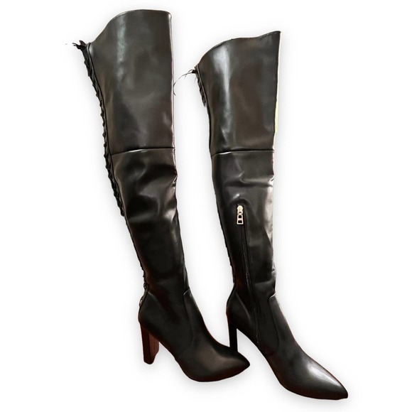Carvela NWT Over The Knee Back Lace-Up Detail Black Faux Leather Heeled Boots 6 - Picture 3 of 16